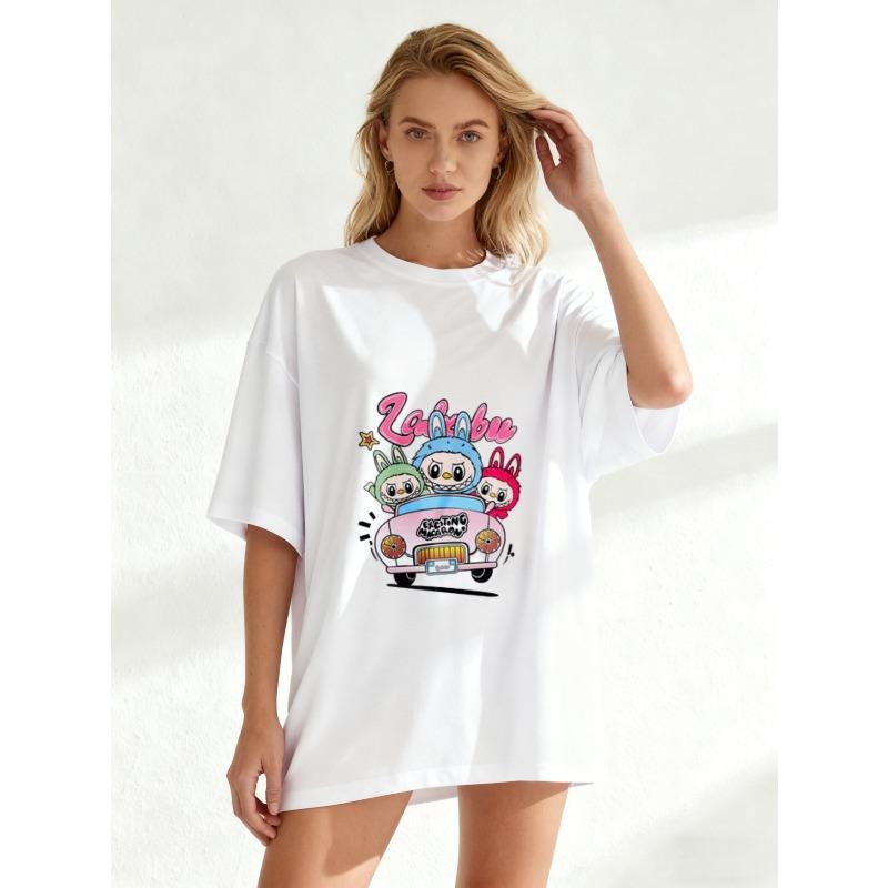 Women's Short-Sleeve T-Shirt with Colorful Cartoon "Zakubu" Bunny Characters & Pink Car Print