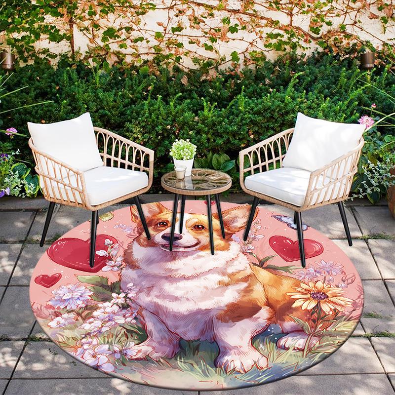 Pink Corgi pattern round rug,Carpet Rug for Living Room Bedroom  Playroom ,Non-slip Floor Mat,Holiday Gifts and Birthday Gifts.