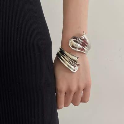 Metal Alloy Wide Opening Bangle Opening Arm Ring Irregular Dough Twists Irregular Wide Bracelet Ribbon Shaped Gold Silver