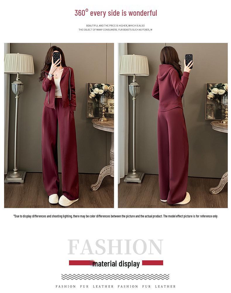 Spring Casual Fashion Set: Women's Korean-Style Zipper Cardigan Hoodie with Wide-Leg Pants, Two-Piece Set