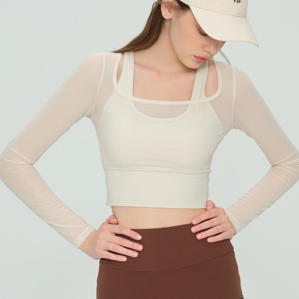 Yoga with chest pads, long sleeves, mesh stitching, fake two-piece yoga clothes, tops, fixed cups, fitness clothes, sports clothes, women's inside