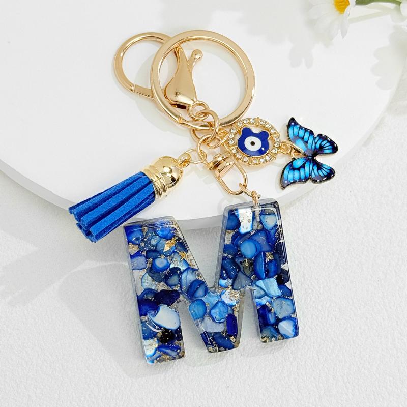 Fashion Blue Glazed Stone A To Z Letter Keychain 26 Initials Alphabet Butterfly Tassel Pendant Car Keyring Women Jewelry Gifts