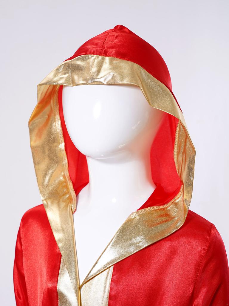 Kids Boys Boxing Robe Boxer Cosplay Costume Long Sleeve Metallic Trim Satin Hooded Cloak Kickboxing Gown for Halloween Party