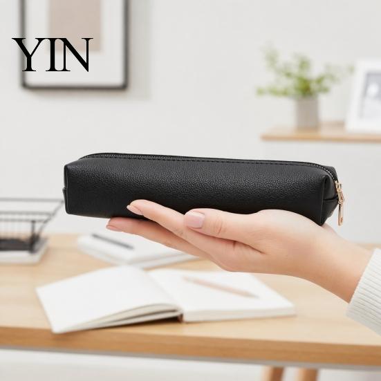 Travel Pencil Pouch Minimalist PU Leather Case, Multi-Functional Stationery Storage Bag with Smooth Metal Zipper, Water Case & Stain Resistant Pen for