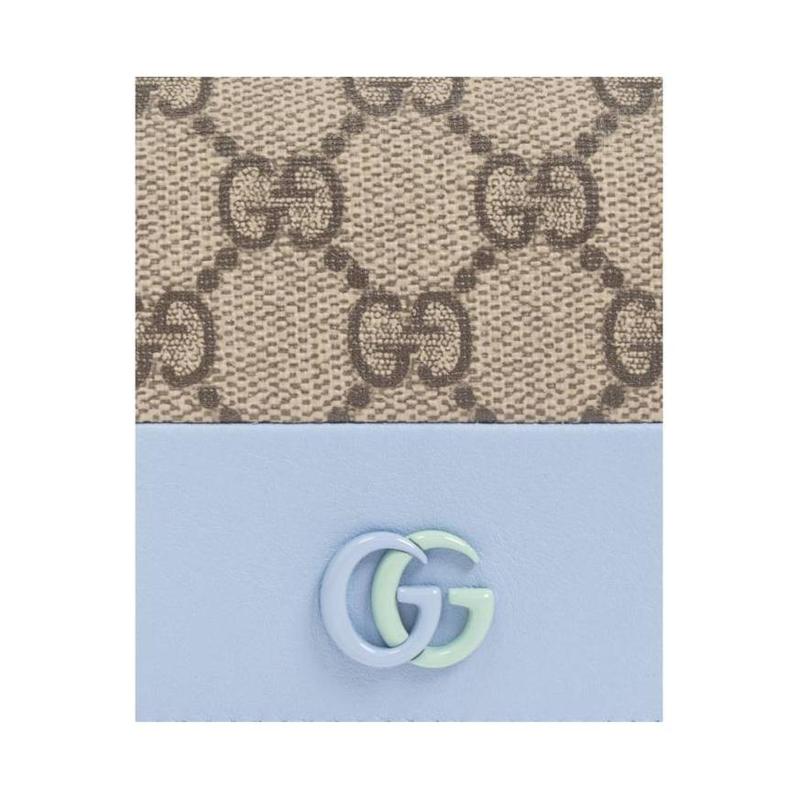 Gucci GG Marmont Series, Brand Logo Snap Closure, Canvas and Leather Wallet, Women's Beige, Blue and Mint Green