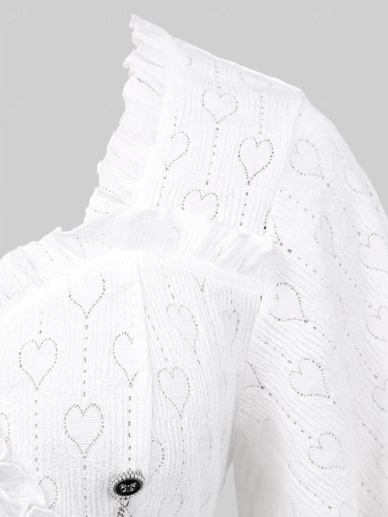 Rosegal Plus Size Valentine's Day Pointelle Hollow Out Heart Lace Trim Ruffles Bowknot Buttons Chains Panel Top