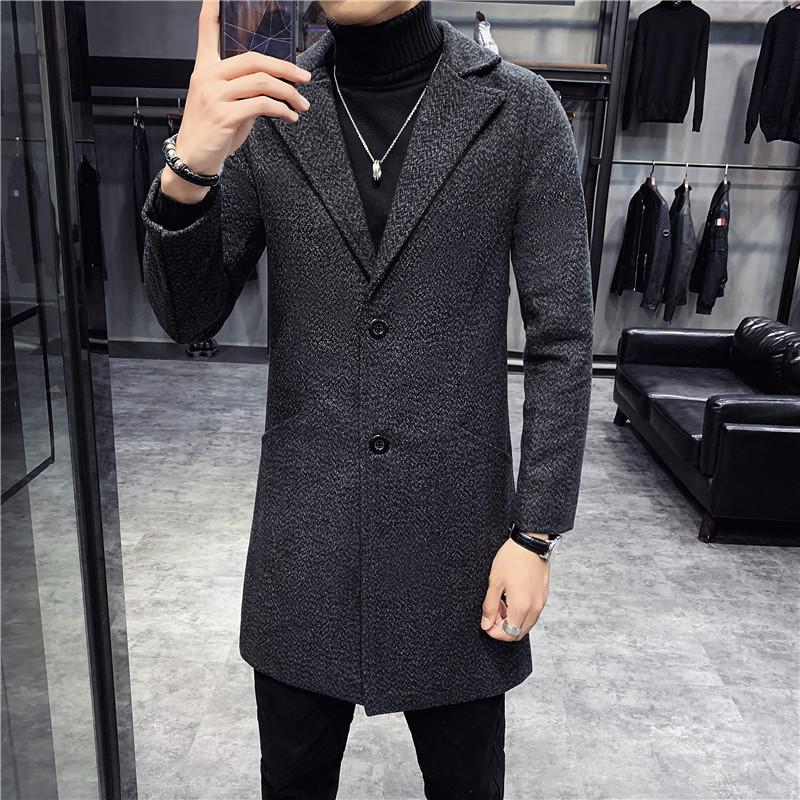 Herbst und Winter Neuer Herren Woll Trenchcoat Slim Einreihiger Wollmantel Mittellanger Mantel