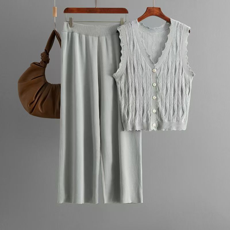 

Fashion Wind Knitting Cut Out Vest Loose Pants Suit Knitted Cardigan Vest Pants Set Grey All yards