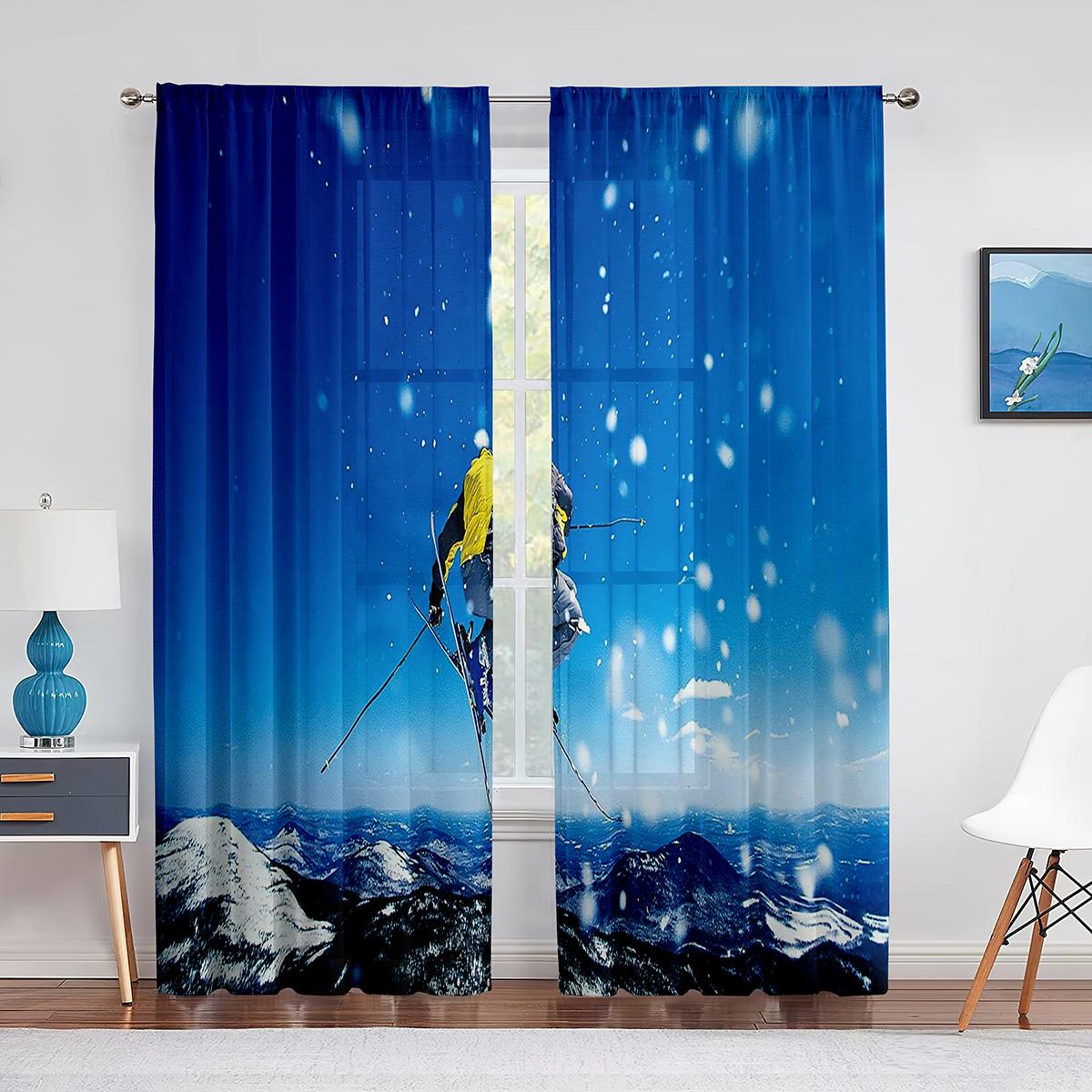 

Лыжник, катание на лыжах в высоких горах, экстремальные зимние виды спорта, шифоновые прозрачные шторы для гостиной, спальни, оконная вуаль, тюлевая занавеска 1 PCS W100XH250cm&Grommet Top