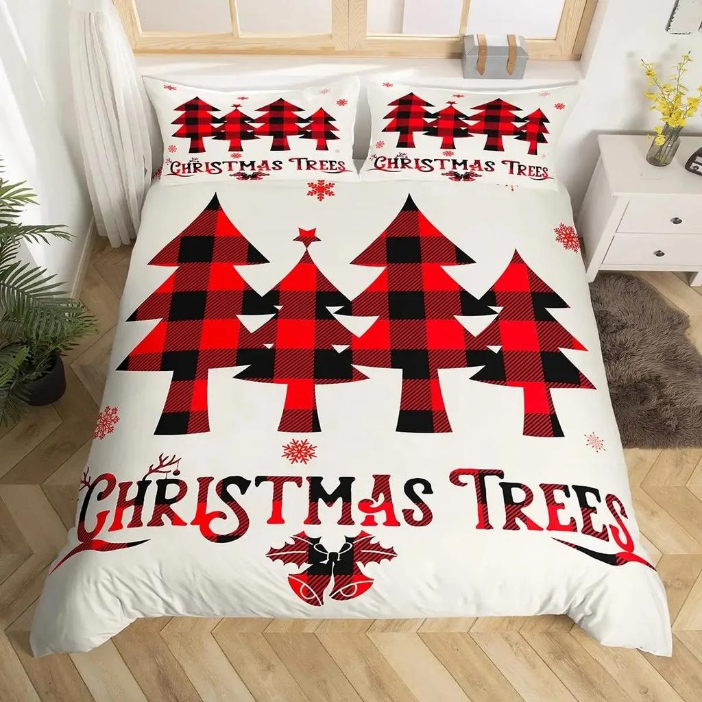 Frohe Weihnachten Bettbezug-Set, Rot kariert Rustikaler Truck Bettdeckenbezug, Karierte Weihnachtsbaum Elch Hirsch Schneeflocke Bettwäsche-Sets