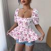 Summer New Women's Fresh and Sweet T-shirt Square Neck Puff Sleeve Floral Top