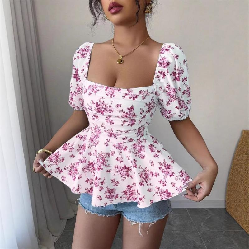 Summer New Women's Fresh and Sweet T-shirt Square Neck Puff Sleeve Floral Top