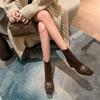 7CM Brown Fashion Suede Elastic Boots British Style Versatile Square Head Metal Fasteners Fashionable Rear Zipper Small Short Boots