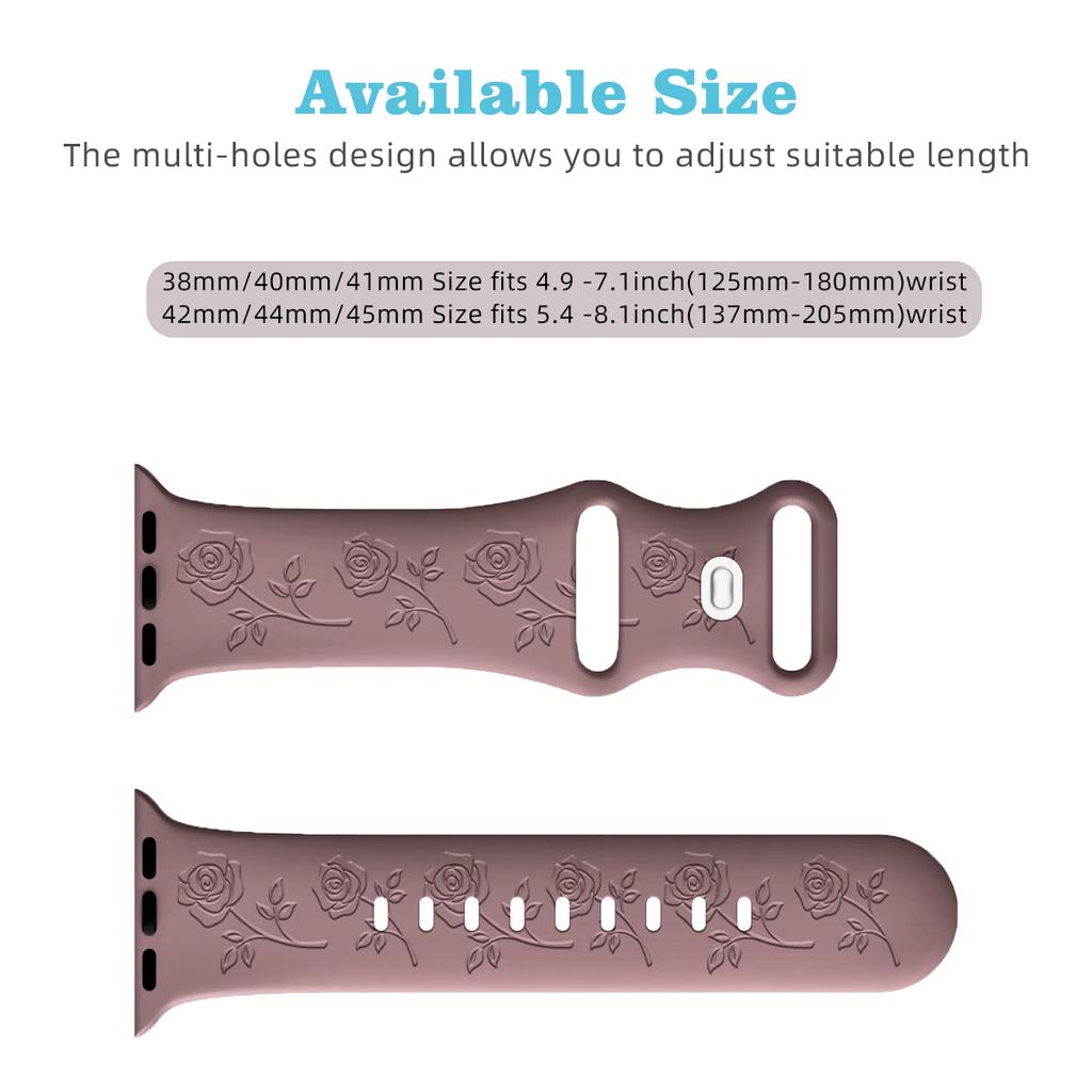 For Apple Watch 10 46mm/Ultra 2/Ultra 49mm/9 8 7 45mm/SE (2023) SE (2022) SE 6 5 4 44mm/3 2 1 42mm Rose Engraved Silicone Strap