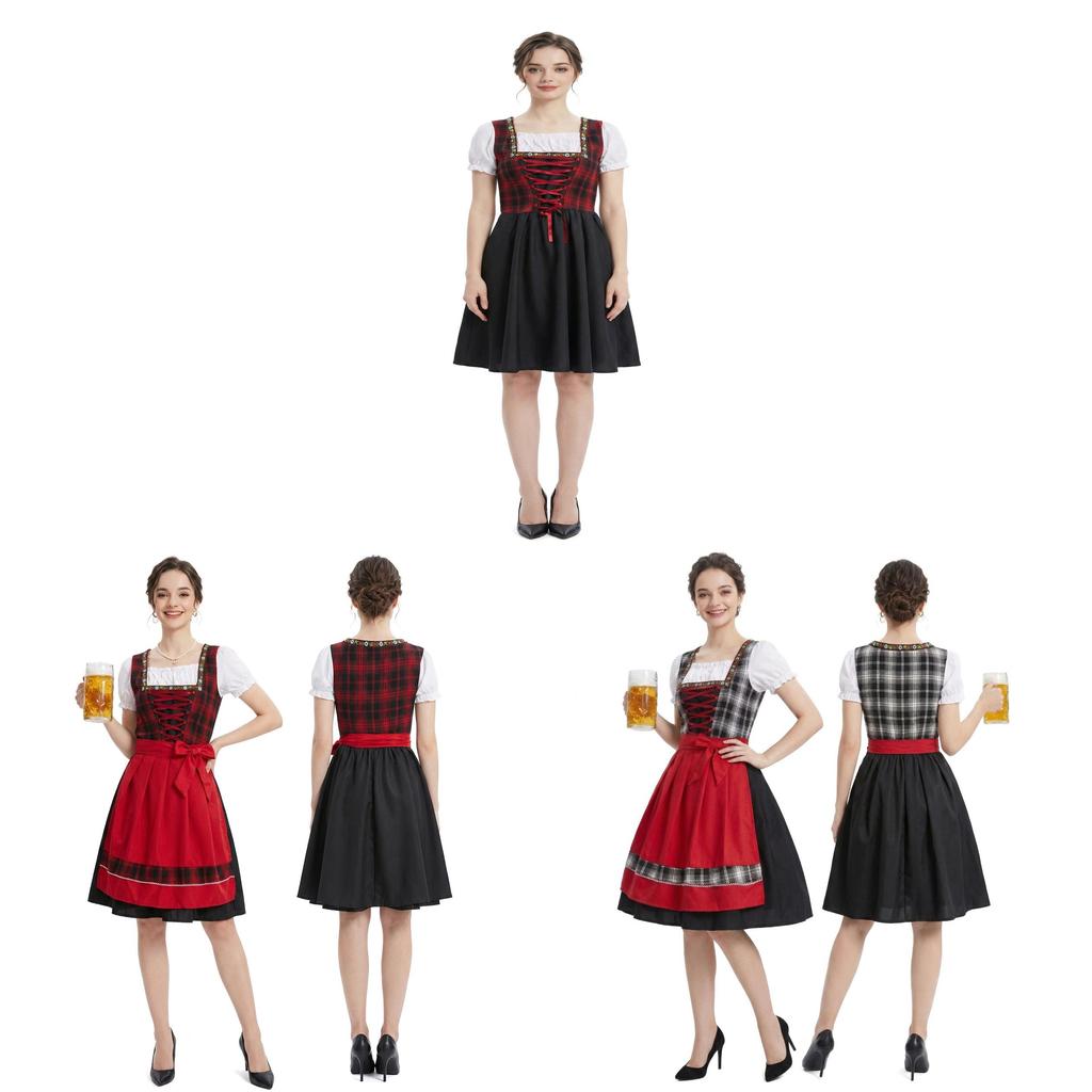 Oktoberfest Costume Women Retro Red Black Tartan Dress For Halloween Event