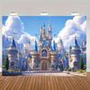 2D Flat Fantasy Castle Background with Hanging Perforated Rope, Birthday Party Banner