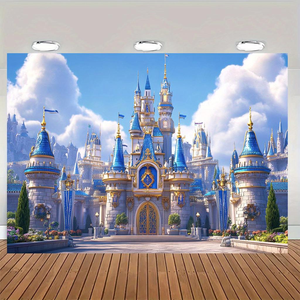 2D Flat Fantasy Castle Background with Hanging Perforated Rope, Birthday Party Banner