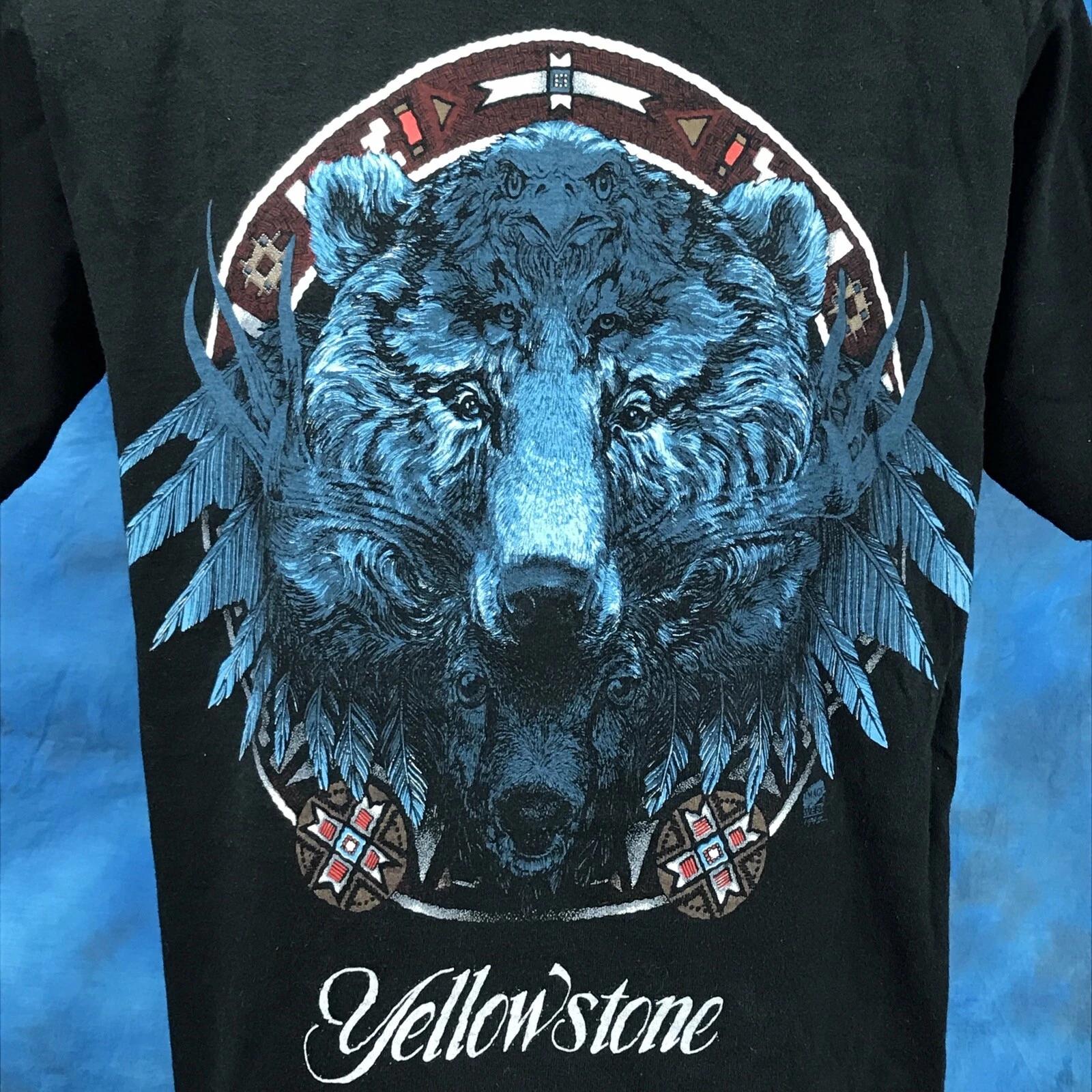 vintage 90s YELLOWSTONE NATIVE AMERICAN BEAR WOLF EAGLE DEER T-Shirt M/L nature L