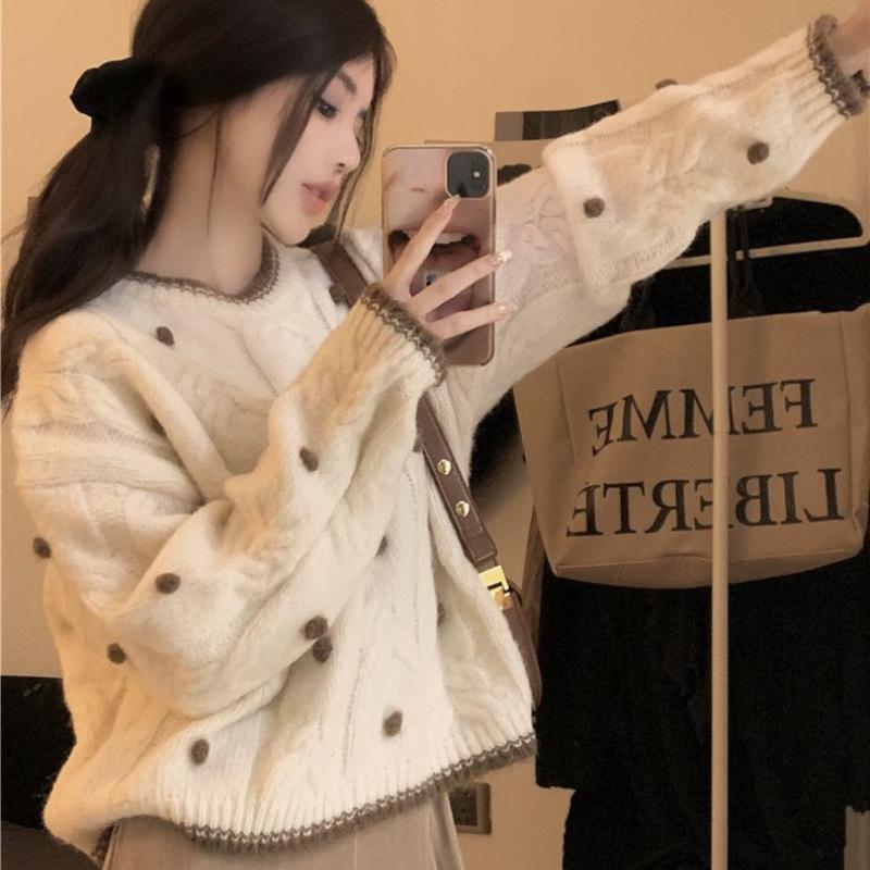Women's Autumn Lazy Style Color-Block Sweater Loose Versatile Short Designer Long-Sleeve Knit Top