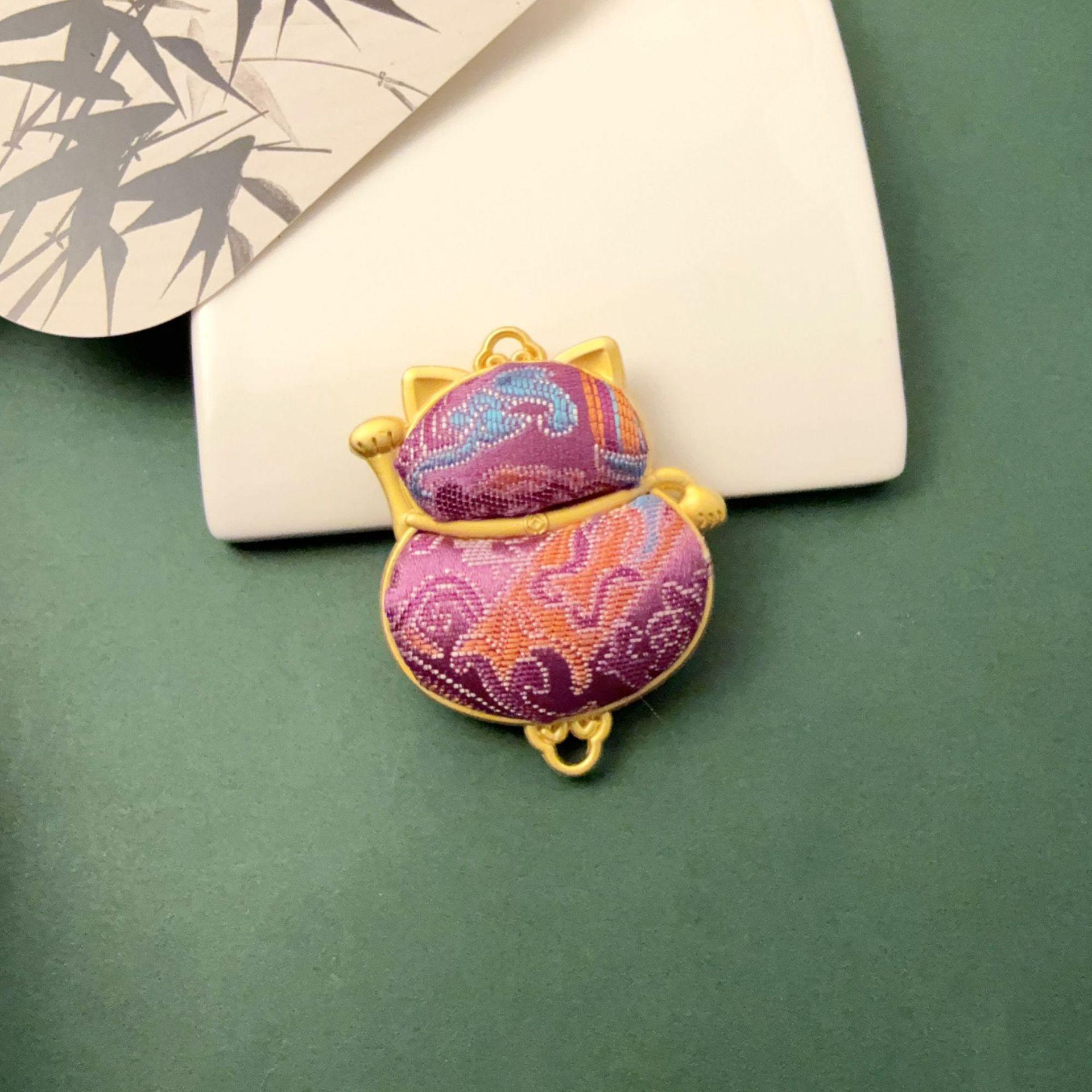 Handmade Song Brocade Lucky Cat Pendant - National Style Double-Sided Bag & Car Charm, DIY Jewelry Necklace Accessory