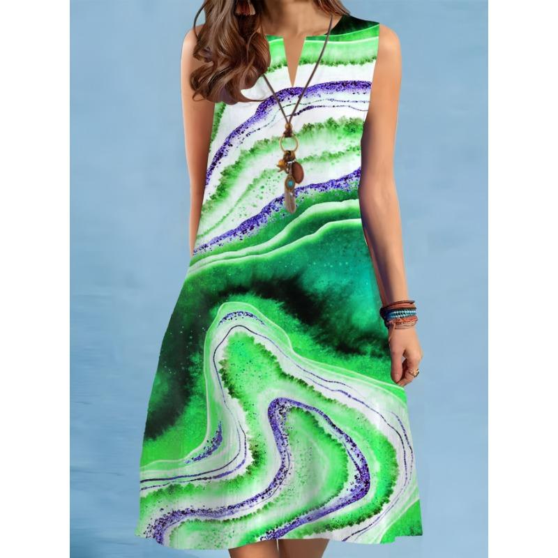 Summer Print A-Line Dress Women Casual Sexy Sleeveless V-neck Loose Mini Dress Elegant Landscape Oil Painting Dress Vestidos