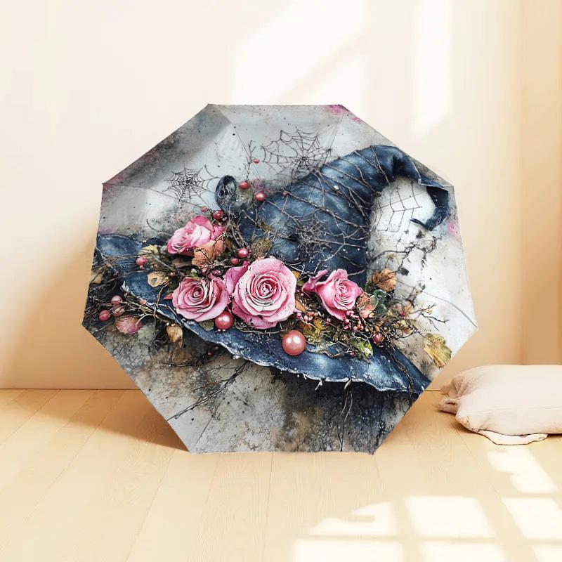 1ks Čarodějnický klobouk Vzor s květinami Design deštníku Automatické otevírání a zavírání Deštník, Vysoce kvalitní Cestovní deštník, Lehký a přenosný, -52
