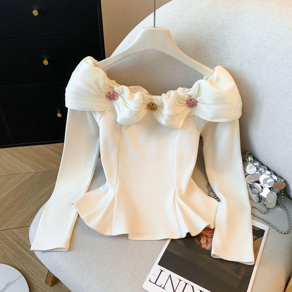 Aulude Elegant One‑Shoulder Fitted Top, Ruffle Collar Beaded Decor Ladies Party Blouse