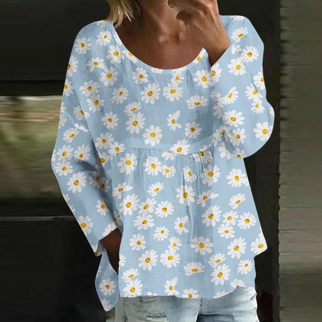 Damen Casual Mode Locker Rundhals Blumenmuster Langarm Oberteil