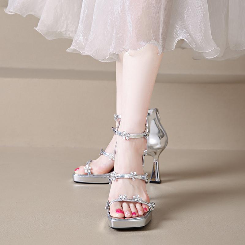 Fashion Women's Platform Heels Summer New Square Toe Rhinestone Slip Strap Open Toe Non-Slip Wear-Resistant Sandals