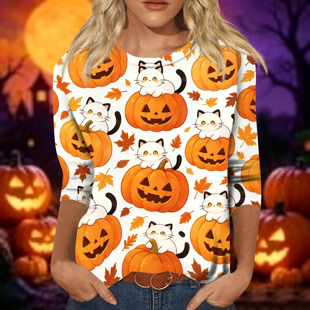 Women's Casual Halloween Print Top Three Quarter Sleeve Crew Neck Shirt Lightweight Comfortable Fit Seasonal Design