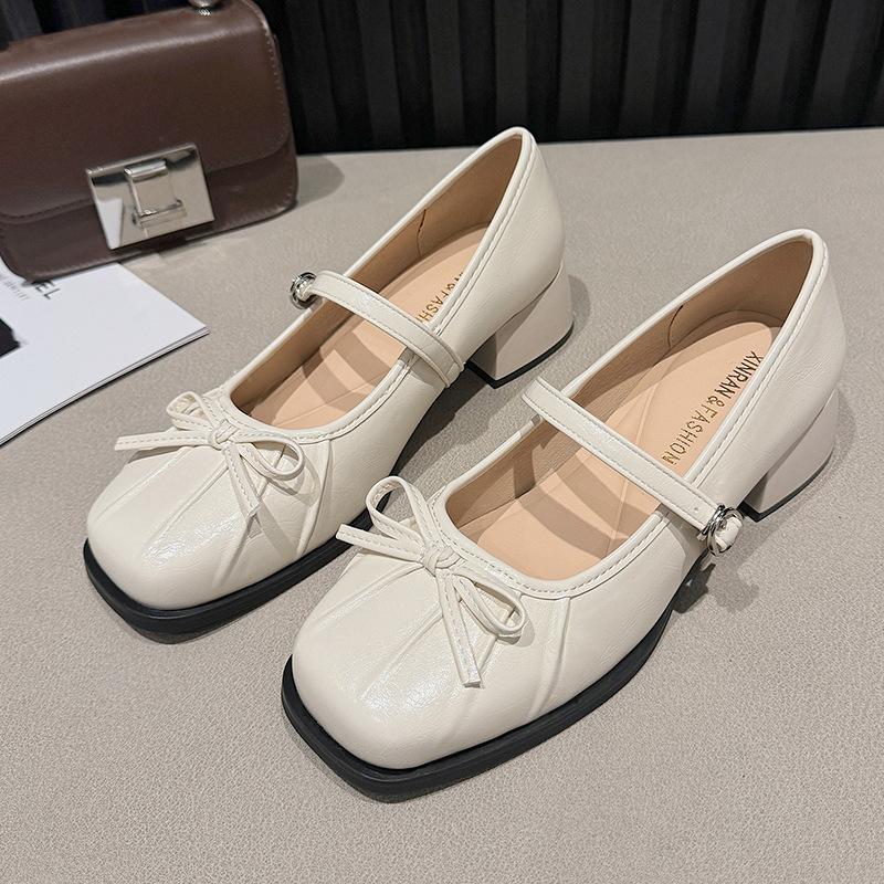 Bow Mary Jane shoes women's 2025 new spring French silver single shoes thick heel high heels beautiful small leather shoes