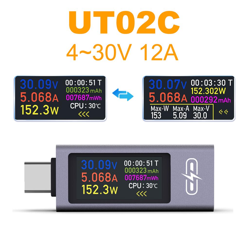 UT02C/UT03C Type-C Multi-function DC Voltage Ammeter DC 4~30V 12A Voltage Current Power Meter Phone Charging Tester Battery Test