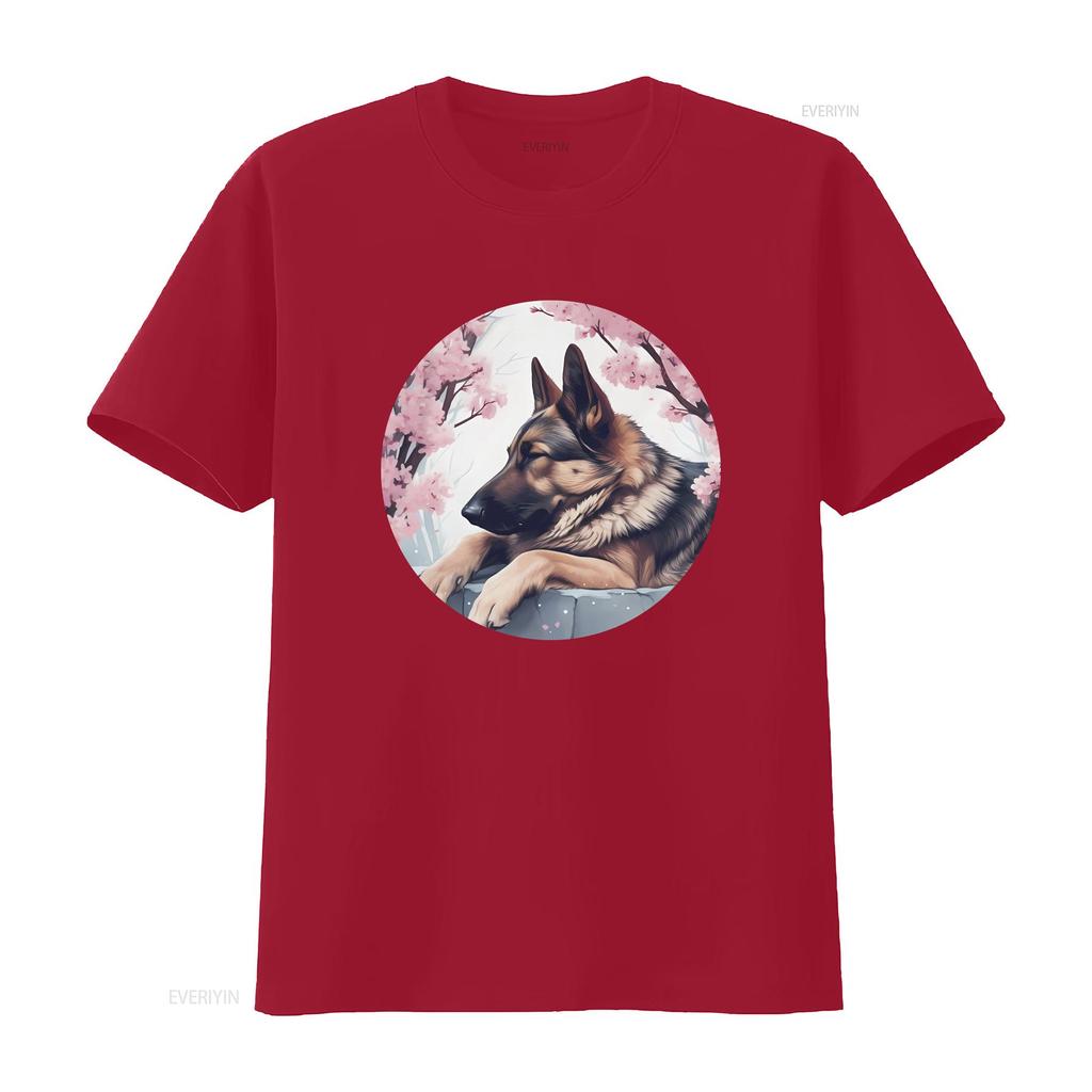 German Shepherd Dog Cherry Blossom T Shirt Perfect GSD Japan for Lovers Vintage Washed Casual Designer Clothes Soft Homme