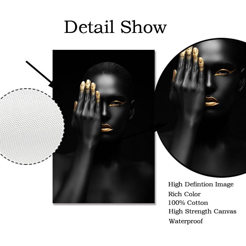 Modelo de maquiagem moderna dourada e preta, mulher africana, pinturas de arte de parede em tela, pôster de menina da moda, impressões para sala de estar, decoração de casa