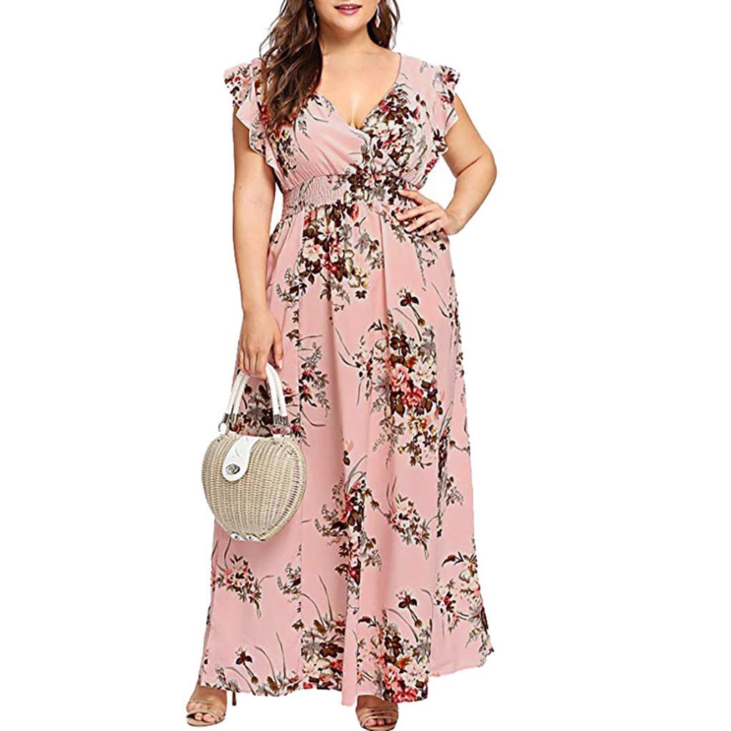 Women's Casual Floral Print V-Neck Ruffle Sleeveless Plus Size Dress Long
