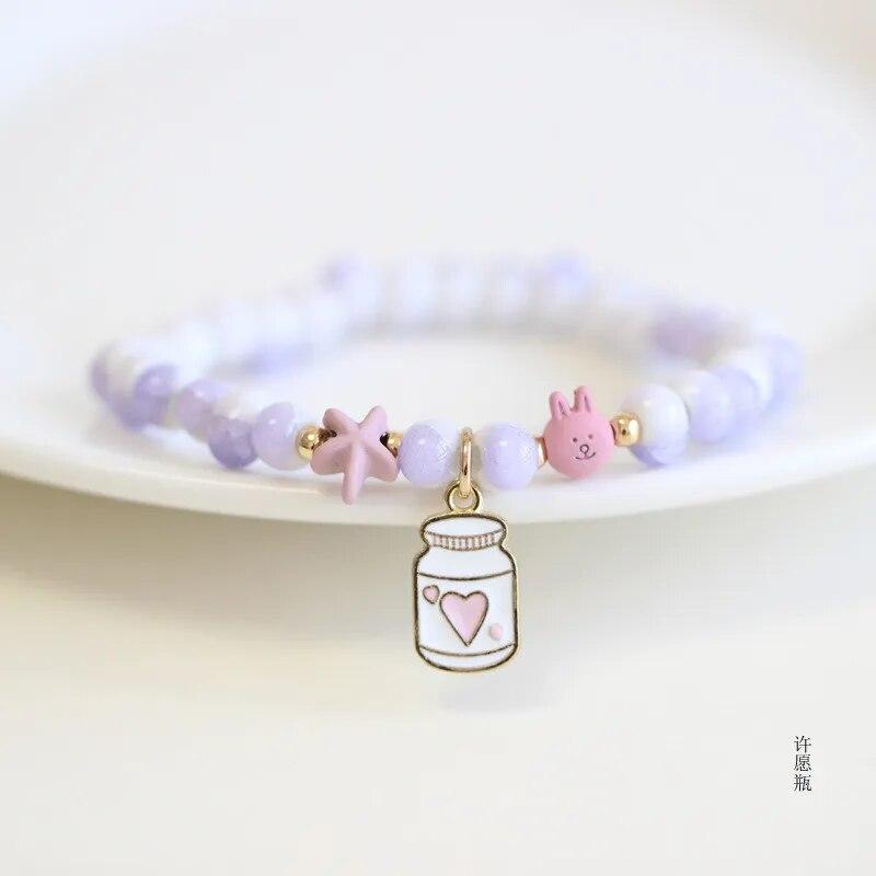 Pearl Rabbit Ing Bottle Beaded Elastic Bracelets Catoon Animal Ceramics Beads Bracelet for Women Jewelry Birthday Gifts