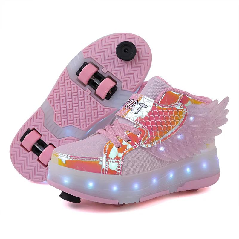 Kid Sneakers Luminous Removeable 4 Wheels Roller Skates USB Charge Wing Panda Sport Casual Skateboard Shoes Girls Boys Skates