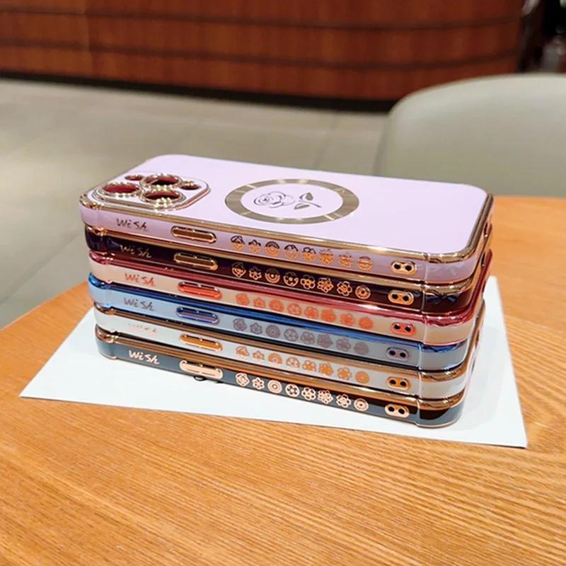 Etui z ramką 6D, z kwiatem róży z boku, dla iPhone 15 14 Plus 11 13 12 Pro Max, wstrząsoodporne, z możliwością ładowania bezprzewodowego, silikonowe, magnetyczne