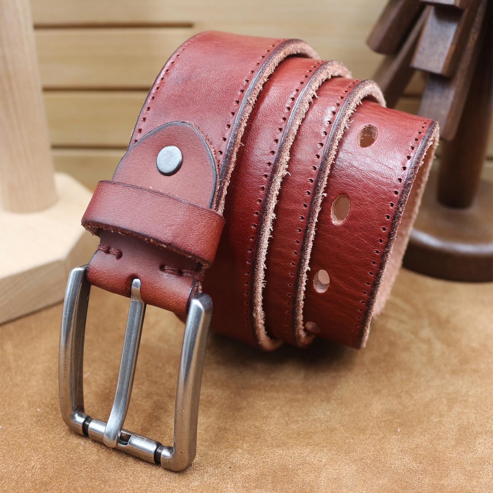 Thickened Genuine Leather Needle Buckle Top Layer Cowhide Fake Stitching Color Belt, Men s Retro Versatile Denim Belt 130cm