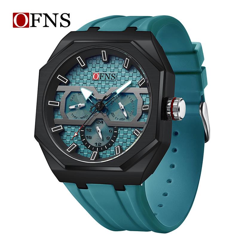 OFNS Unisex Sporty Waterproof Quartz Watch: Trendy Creative Octagonal Dial, Fashionable Design with Small Seconds Hand.