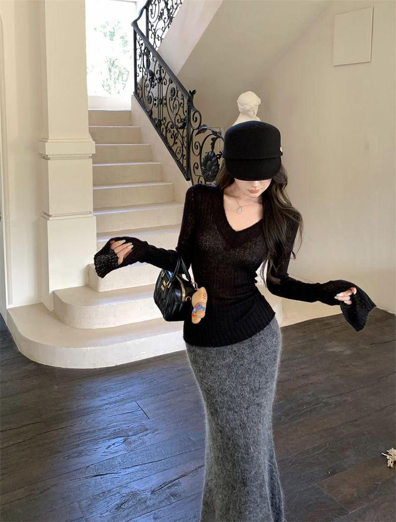 Pure Desire Vibe Sexy V-Ausschnitt Damen Strickoberteil mit ausgestellten Ärmeln - Herbst Winter Y2K Stil Pullover