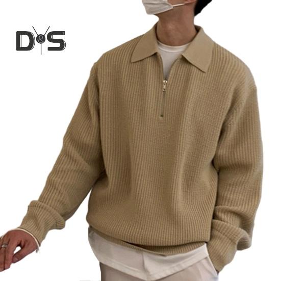 

Осень-зима мужской свитер с отложным воротником и полумолнией, длинные рукава, однотонный свободный трикотажный топ, повседневная одежда, школьный рабочий трикотаж L хаки