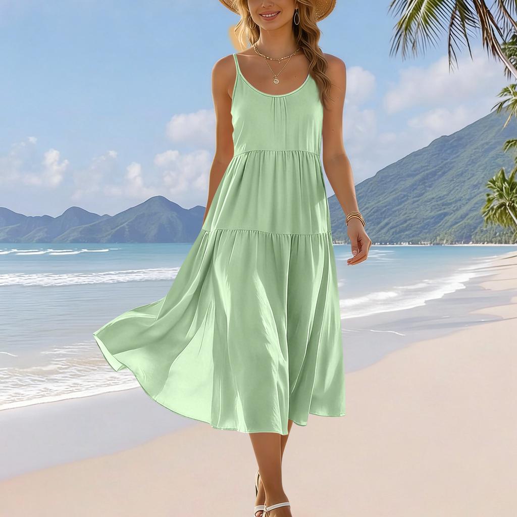 Zomerjurk voor dames, mouwloos, met verstelbare bandjes, bohemien, midi, met zakken, voor strandvakantie, casual kleding