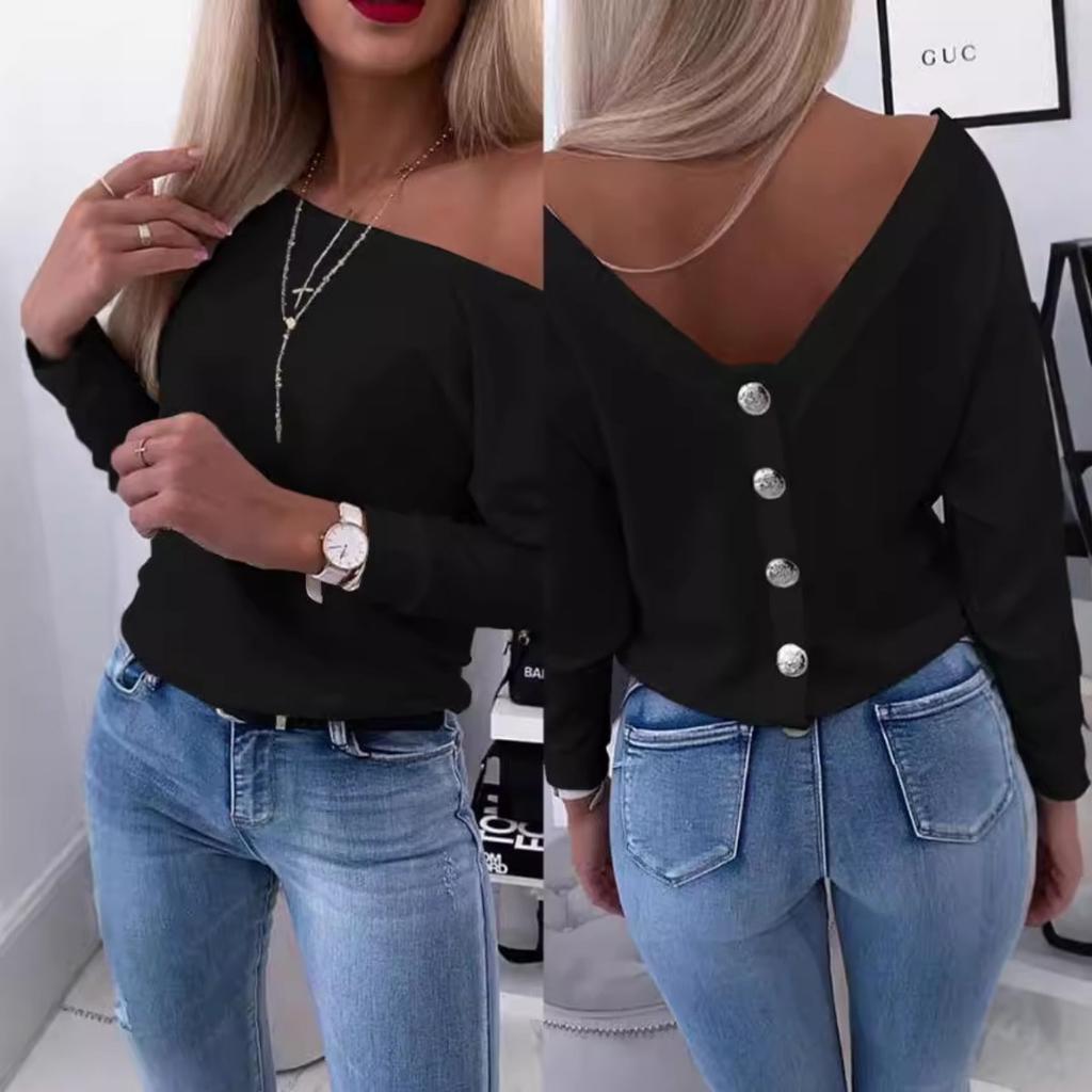 Fall Women's Long Sleeve T-shirt, Button Back Open Back Off Shoulder, Casual Fashion Top for European American Crossborder