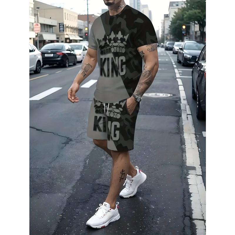 Men s Casual Fashion Crown Short Sleeve Set, Two-Piece Short Sleeve Outfit for Summer Daily Casual Wear S