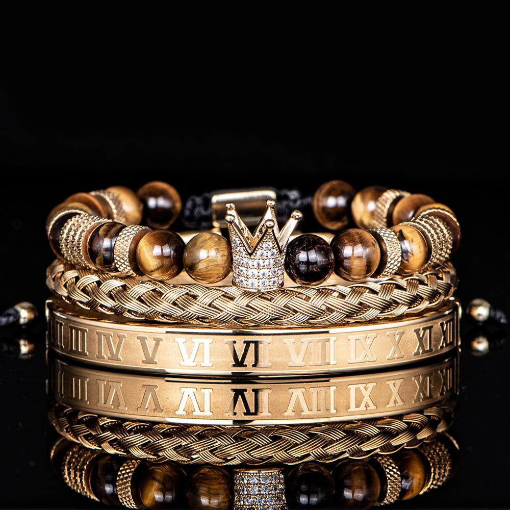 2026 niche design micro-inlaid with diamond crown tiger eye beads bracelet set trendy men European and American hand jewelry 19CM