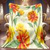 A 2D Orange-yellow Floral and Green Leaf Pattern Flannel Blanket, Featuring Soft High-definition Digital Printing, a Cooling Blanket Suitable for All 