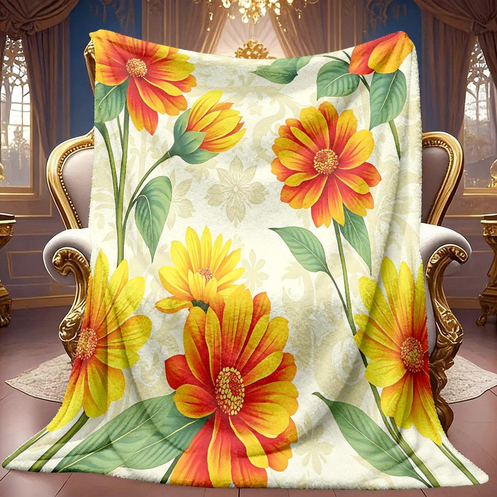 A 2D Orange-yellow Floral and Green Leaf Pattern Flannel Blanket, Featuring Soft High-definition Digital Printing, a Cooling Blanket Suitable for All