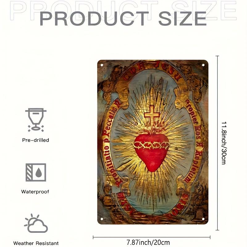 

Antique Sacred Heart Metal Plaque Religious Wall Art Featuring Cross and Heart Design Ideal for Churches Living Rooms 20x30cm（7.8x11.8inch）