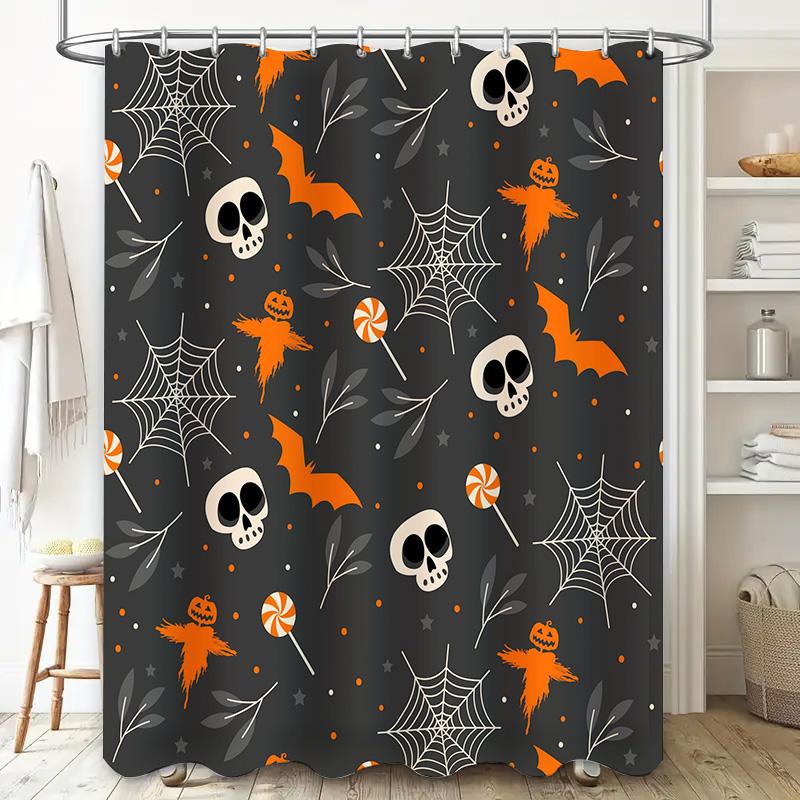 Halloween-themed shower curtain with witch hat patterns, spiders webs, candy corn designs waterproof fabric for bathroom decor s